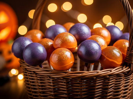 A woven basket overflows with vibrant orange and purple Halloween-themed cake pops, artfully arranged with a soft, glowing bokeh light effect in the background.の素材