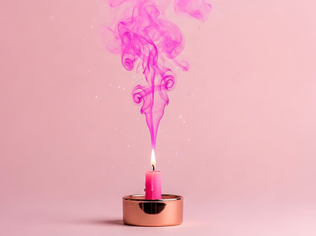 A vibrant pink candle burns brightly, emitting a plume of swirling pink smoke that dances and curls against a soft, solid pink backdrop, creating a visually captivating and serene scene.の素材