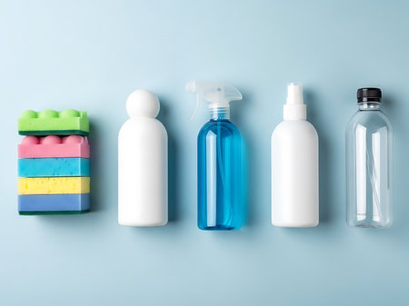 A minimalist flat lay featuring various household cleaning essentials and items for everyday use The scene includes a stack of colorful sponges as well as a number of bottles ideal for cleaning solutions This setup conveys a sense of cleanliness organization and readiness for spring cleaning or general household maintenance The items are neatly arranged on a light blue background creating a fresh and tidy atmosphere which suggests efficiency and preparedness for any cleaning tasks or home organization projectsの素材