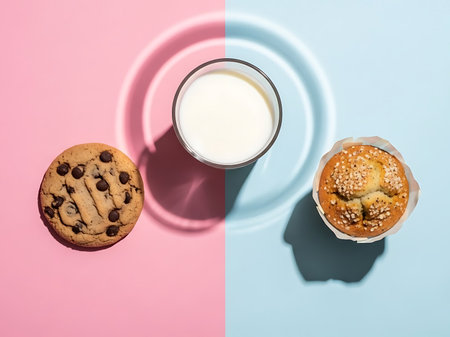 Overhead shot of a chocolate chip cookie and muffin with a glass of milk on a light pink and blue background The scene is bathed in natural light creating soft shadows and highlighting the texture of the food The composition emphasizes simplicity and visual appeal inviting viewers to indulge in the momentの素材