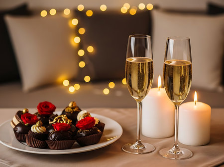 An inviting still life capturing a romantic celebration with two champagne flutes filled with bubbling golden liquid alongside a plate of beautifully decorated chocolate cupcakes adorned with red roses and delicate toppings The scene is bathed in warm candlelight enhanced by a soft bokeh effect creating a cozy and intimate atmosphere Perfect for expressing love and celebrationの素材