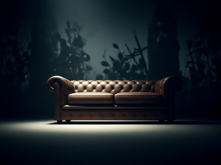 A luxurious leather sofa stands prominently in a dimly lit room casting a shadow with what looks like a plant The setting accentuates the sofas classic design with the dark background This conveys a sense of comfort and timeless elegance perfect for interior design layouts and furniture showcasingの素材