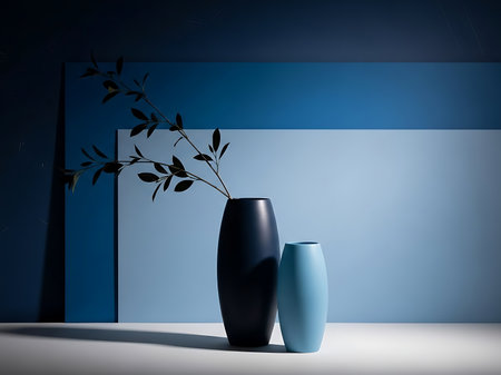 Two vases of different sizes and shades of blue sit on a white surface against a backdrop of varying blue panels A delicate branch with leaves adds a touch of nature to the minimalist scene creating a serene and modern atmosphere The composition emphasizes clean lines and tonal variations making it a striking image for interior design or home decor conceptsの素材
