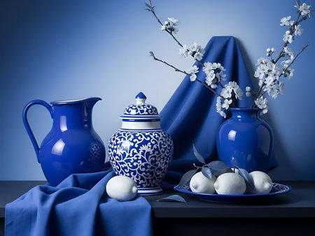 This captivating still life showcases a harmonious blend of blue tones with contrasting white elements Ceramic vases a beautifully patterned jar and fresh citrus fruits are arranged alongside delicate blossoming branches creating a visually appealing composition The arrangement evokes a sense of calm and artistic expressionの素材