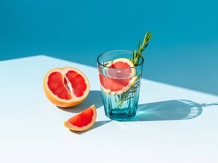 A vibrant and refreshing image featuring a glass of grapefruit infused water garnished with a sprig of rosemary the drink is set against a bright blue background enhancing the colors of the grapefruit and rosemary this composition emphasizes a healthy and balanced lifestyle ideal for promoting hydration and wellness during the summer months it showcases the simplicity and beauty of using fresh ingredients to create a delicious and visually appealing beverageの素材