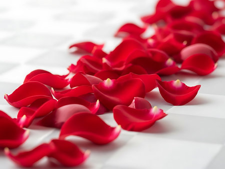 Close up shot of red rose petals scattered on a white checkered surface The petals are bright red and the arrangement conveys love or romance The background is white and out of focus The petals could be used in celebration or to symbolize love and beautyの素材