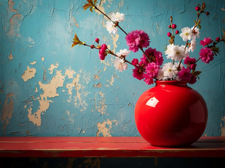 A bright red vase sits on a red wooden table and is filled with pink and white cherry blossoms The blue wall behind has peeling paint and creates a rustic vintage look This evokes a feeling of springtime freshness Excellent as a background elementの素材