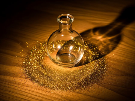 A clear glass bottle is centered on a wooden surface surrounded by a scattering of golden glitter The scene is dimly lit creating shadows that add depth and contrast to the image suggesting a festive or celebratory theme This combination of glass glitter and wood evokes an enchanting and luxurious feelの素材