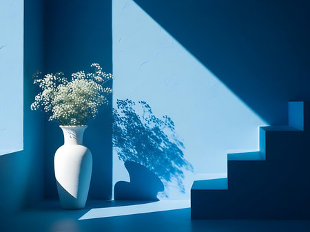 A minimalist still life composition featuring a vase of delicate gypsophila flowers set against a blue textured wall The natural light creates dramatic shadows that accentuate the architectural elements and the simple elegance of the floral arrangement The scene conveys a sense of serenity and sophistication ideal for use in art prints or interior design presentationsの素材