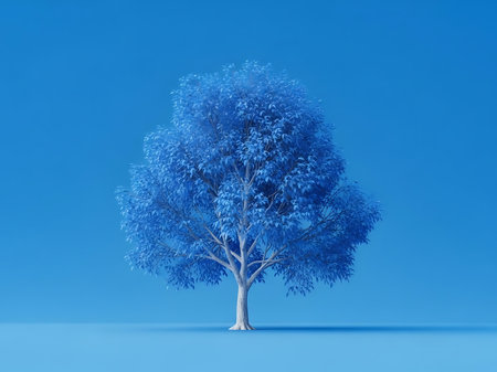 A single blue tree stands out against a matching background in this minimalist studio shot The images clean lines and monochromatic color scheme create a modern and slightly surreal effect This picture would be great for representing environmental concepts design and is ideal for adding a pop of unique nature The image has a calming effect and would make a great addition to any collectionの素材