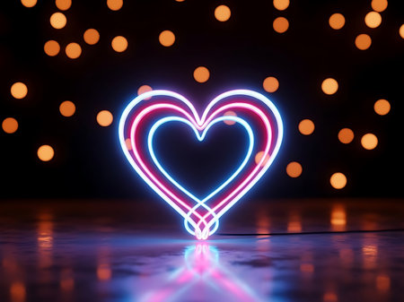 Close up shot of a neon heart light with a soft bokeh background illuminating a concrete surface The neon heart has an inner light that is pink and the outer light is light blue The concrete surface reflects the colors of the light as well The background features amber bokeh lights adding depth to the imageの素材