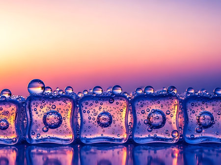 Close up view of ice cubes with water droplets on their surface reflecting the warm colors of a sunset The ice cubes are arranged in a row with smaller bubbles on top This creates a refreshing and visually striking image perfect for illustrating concepts related to summer cooling or purity The warm colors contrasted with the cold ice offer a captivating appealの素材