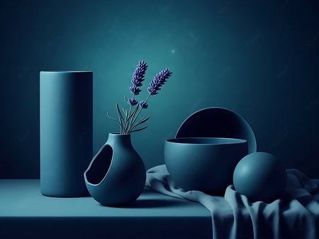 This image features a minimalist still life composition in shades of blue It includes a variety of geometric shapes such as cylinders spheres and bowls alongside delicate sprigs of lavender in a unique vase The arrangement rests on a softly draped cloth enhancing the artworks sense of calm and elegance and capturing a serene and visually appealing displayの素材