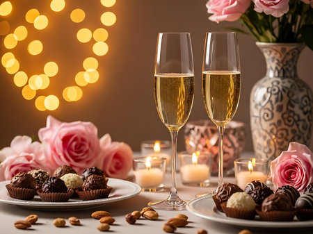 A romantic still life composition showcasing two flute glasses filled with sparkling champagne alongside plates adorned with assorted chocolate truffles pink roses and lit candles create a warm and celebratory atmosphere capturing the essence of a special occasion perfect for valentines day or an anniversaryの素材