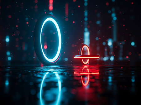 A striking digital composition featuring futuristic glowing neon circles reflected on a dark surface The interplay of red and blue neon lights adds depth and dimension to the scene creating an illusion of a virtual space The arrangement of geometric shapes invites the viewer to explore the possibilities of modern technology and designの素材