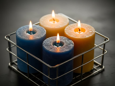 Four cylindrical candles are placed in a square metal wire basket Two candles are blue and two are yellow The candles have been lit and have small flames The basket is sitting on a dark grey or black surface The scene is peaceful and warm due to the flames lightの素材
