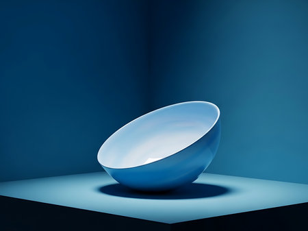 This image shows a modern blue ceramic bowl presented on a minimalist geometric background The smooth surface of the bowl reflects light creating a sophisticated and artistic presentation The composition is ideal for product photography design projects ads websites and digital artwork The calming tones and clean lines make it suitable for contemporary themes and abstract compositionsの素材