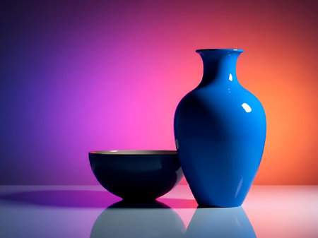A captivating still life featuring a vibrant blue ceramic vase and a complementary bowl set against a colorful gradient backdrop The composition explores the interplay of light and shadow creating a modern artistic scene ideal for design projects and creative presentations highlighting the elegance of simple objectsの素材