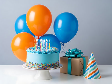 A celebratory birthday still life featuring a light blue frosted cake adorned with colorful sprinkles and lighted candles arranged on a white cake stand Blue and orange balloons hover behind the cake A wrapped gift with a matching ribbon and a striped party hat rest on the table adding to the festive birthday scene perfect for party invitations or greeting cardsの素材