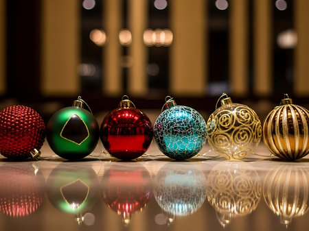 A close up shot of six brightly colored and uniquely designed Christmas ornaments lined up on a reflective surface The ornaments showcase a range of textures and patterns from a speckled red to gold swirling patterns to vertical golden stripes creating a festive scene perfect for holiday themed projects and designsの素材