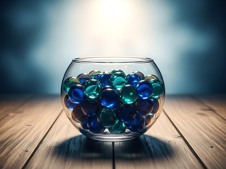 A captivating shot of a clear glass bowl brimming with an assortment of blue and green marbles The marbles are arranged densely inside the bowl on top of a textured wooden surface The lighting accentuates the glossy surfaces creating intricate reflections and highlights This image evokes a sense of childhood nostalgia and playful innocenceの素材
