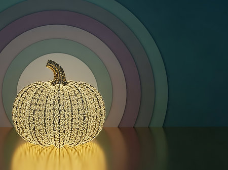 A stylishly illuminated pumpkin sits against a modern geometric background creating a festive and visually appealing scene The soft glow from the pumpkin lights up the reflective surface beneath enhancing the warm autumnal atmosphere This image is perfect for seasonal marketing campaigns and holiday themed designsの素材