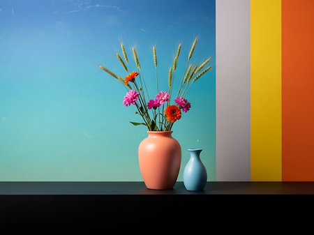 A minimalist still life featuring a peachcolored vase holding vibrant gerbera daisies and wheat stalks complemented by a smaller blue vase set against a backdrop of varied colored vertical panels The composition celebrates simplicity and color creating an aesthetic that merges natural elements with modern design enhancing an inviting atmosphereの素材