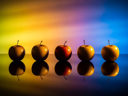 A row of five apples is displayed against a colorful gradient backdrop the reflective surface beneath mirrors the apples creating a symmetrical and visually appealing composition the colorful background adds a dynamic and contemporary touch to the scene perfect for illustrating healthy eating or fresh produce concepts the arrangement emphasizes the simplicity and natural beauty of fruit making it suitable for various health and wellness related themesの素材