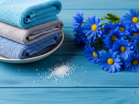 This beautiful high angle shot features a stack of neatly rolled blue and gray towels in a white bowl along with a sprinkling of salt crystals and a bouquet of vibrant blue daisies The scene is set against a light blue wooden surface creating a calming spa like atmosphere The composition is ideal for conveying themes of relaxation wellness and self care It would be a great image for businesses in the beauty industryの素材