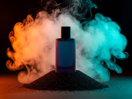 A dark blue bottle with a black cap sits on a pile of black granules surrounded by swirling orange and blue smoke the bottle looks to be some form of perfume or fragrance product the background is black with soft orange and blue lighting on the base of the granules the smoke is colorful and adds to the overall presentation and ambiance of the sceneの素材