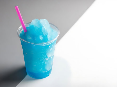 A vibrant blue slush drink is presented against a stark white and gray background complete with a bright pink straw that immediately draws the viewers eye The drink is filled with crushed ice creating a visual texture that suggests coolness and refreshment The minimalist background focuses all attention on the appealing icy beverage ready to be enjoyedの素材