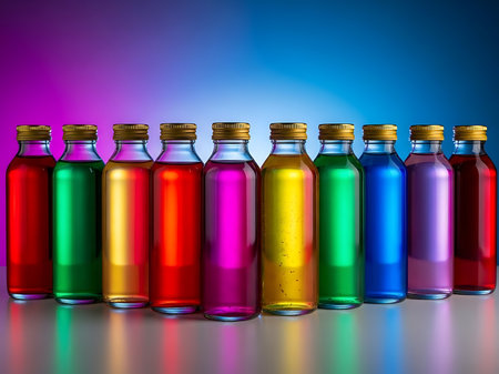 A vivid array of glass bottles filled with diverse colored liquids positioned closely together on a reflective surface emphasizes the contrast and harmony between different hues the lighting accentuates the bottles smooth texture and golden caps promoting a visual journey through the color spectrumの素材