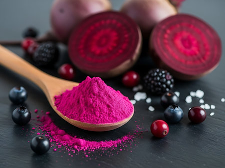 Close up shot of beetroot powder in a wooden spoon surrounded by fresh blueberries cranberries and blackberries along with sliced beets The image captures the essence of healthy eating and the natural vibrancy of food ingredients The dark background enhances the colors of the berries and beetrootの素材