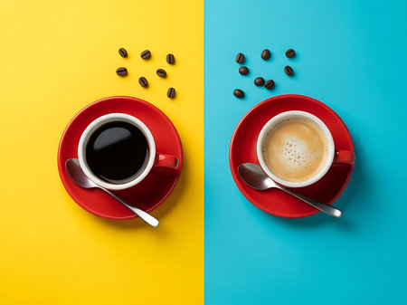 A bright and cheerful shot of two cups of coffee one black coffee and one with milk or cream showcasing different coffee preferences The image is divided by two different backgrounds one being yellow and the other a light blue Both are accompanied by coffee beans and silverware adding more detail and value to the photographyの素材
