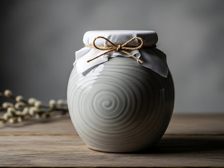 A studio shot of a ceramic jar sealed with a white cloth and tied with twine sits gracefully on a weathered wooden surface The jars unique swirl pattern adds a touch of artistic flair The soft lighting and muted tones create a rustic and inviting ambiance Focus on the jars textured surface and the natural elements surrounding itの素材