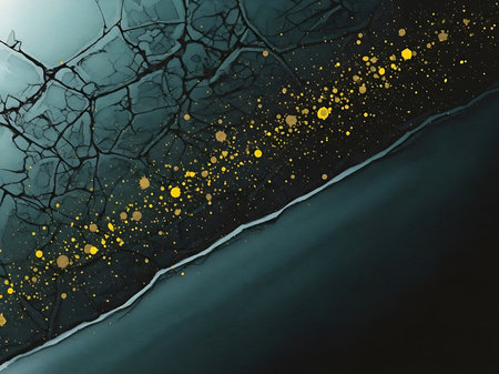 This captivating abstract background features a striking combination of dark green and golden glitter accents It presents a cracked texture that adds depth and visual interest perfect for modern design and artistic projects Its mysterious and luxurious feel makes it suitable for wallpapers digital art and creative applications providing a touch of elegance and sophisticationの素材