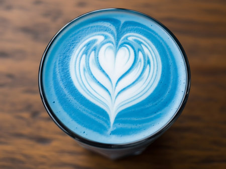 Close up shot showcasing a vibrantly colored blue latte featuring a delicate heart shaped foam art design The latte is served in a clear glass allowing the rich blue hue to be fully appreciated The foam art is intricate and precise demonstrating the skill of the barista The beverage sits on a warm brown wooden surface adding a touch of rustic charm to the modern drinkの素材