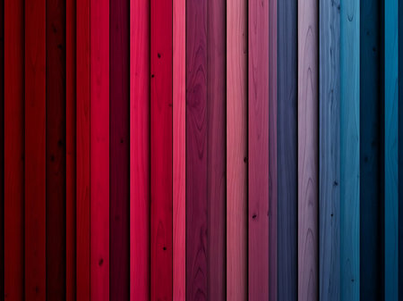 A visually appealing image of vertical wooden planks painted in a gradient of colors The gradient transitions from deep reds to vibrant pinks and then into calming blues The textures of the wood grains are visible and add depth to the image making it suitable for backdrops and creative projects where a colorful but natural element is neededの素材