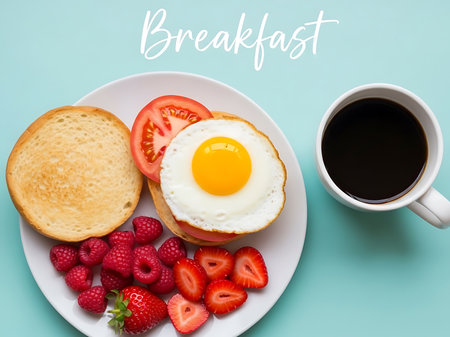 A vibrant breakfast scene featuring a perfectly fried egg served on toast with a slice of tomato complemented by a mix of fresh raspberries and sliced strawberries A mug of dark coffee accompanies the dish all set against a clean pastel background The composition emphasizes the freshness and appeal of a nutritious breakfastの素材