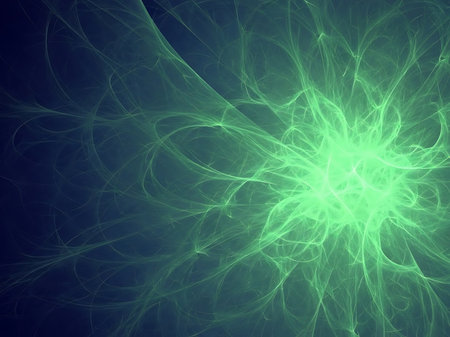 A captivating abstract illustration presents a burst of green energy expanding against a dark backdrop The artwork uses vibrant green lines that emanate from a central point resembling an explosion of energy or a complex neural network This modern digital art evokes themes of innovation futuristic design and raw power Perfect for use in creative projects websites or any media requiring a visually striking backgroundの素材