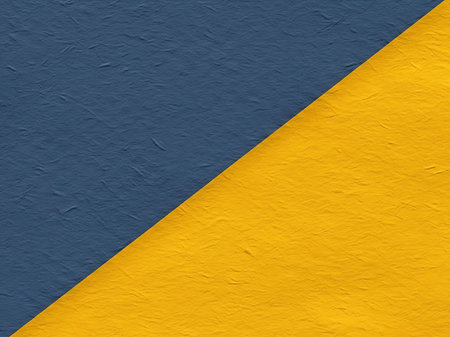 A sharply divided composition features a textured deep blue paper juxtaposed against a textured vibrant yellow paper The contrast in color and texture creates a dynamic visual effect The diagonal line cutting across the image emphasizes the contrast This image is ideal for creating bold modern designs with depth and textureの素材