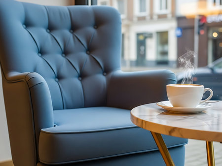 An inviting armchair creates a perfect setting for enjoying a cup of steaming coffee The marble table and the view from the window add to the overall ambiance The scene evokes a sense of comfort and relaxation The steam rising from the coffee cup invites the viewer to take a break and unwind in this cozy cafeの素材