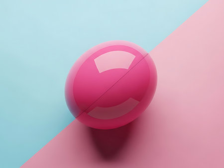 A close up shot showcases a shiny pink sphere positioned on a diagonally divided pastel background creating a sense of balance and visual intrigue The smooth surface of the sphere reflects light offering subtle highlights and shadows the pastel colors complement the sphere and add a light airy atmosphere The minimal composition offers a sense of simplicity and sophisticationの素材