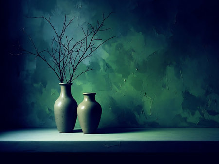 Two ceramic vases of varying sizes stand side by side adorned with delicate bare branches set against an artistic textured green backdrop adding depth and visual interest to the composition the lighting highlights the curves and contours of the vases creating a captivating display of form and shadowの素材