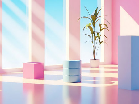 A room with a pastel color scheme featuring pink walls light blue and pink geometric shapes on the floor and a green plant in a white pot sunlight shines through the window creating light and shadow effects it is perfect for visual merchandising or product presentationの素材
