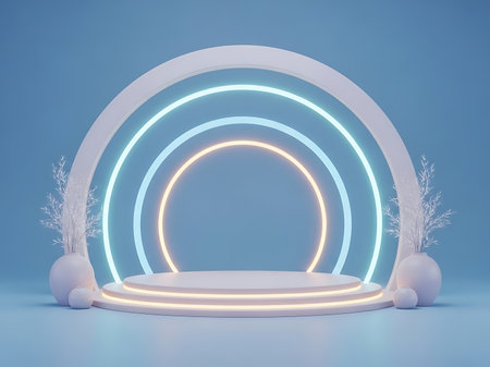 A modern product display platform features a soft blue background with an elegant arrangement of neon light circles in shades of blue and gold Flanking the platform are decorative vases holding delicate floral accents that enhance the visual appeal of the scene This setup is ideal for showcasing products like cosmetics or jewelryの素材