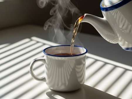 A close up shot of hot tea being poured from a white teapot into a white ceramic mug lined with blue steam gracefully rises from the mug filling the air with a soothing aroma the scene is bathed in natural light creating a sense of warmth and serenity the shadows of window blinds add depth and texture to the compositionの素材