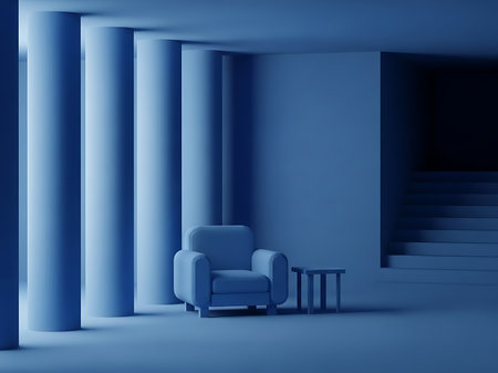 A monochromatic blue interior features a simple armchair and side table set against a backdrop of cylindrical pillars and shadowed stairs The composition emphasizes the interplay of light and shadow within the limited color palette creating a tranquil and minimalist aesthetic suitable for showcasing interior design or architectural concepts The scene invites a sense of calm and contemplationの素材