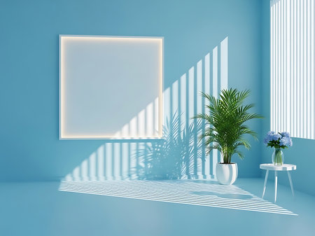 This stock photo showcases a minimalist blue room with a blank frame on the wall A potted palm adds a touch of greenery while a small table holds a vase of blue hydrangeas The room is bathed in natural light creating a calm and serene atmosphere This image is ideal for interior design concepts and mockup presentationsの素材