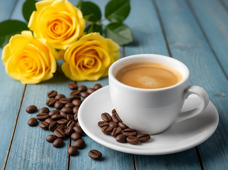 A close up of a cup of coffee saucer and coffee beans paired with yellow roses on a distressed blue wooden table This arrangement creates a harmonious blend of textures and colors ideal for breakfast or a cozy break The contrasting elements create a warm inviting ambianceの素材